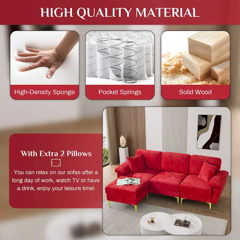 Upholstered Velvet Sectional Sofa with Pillows & Ottoman