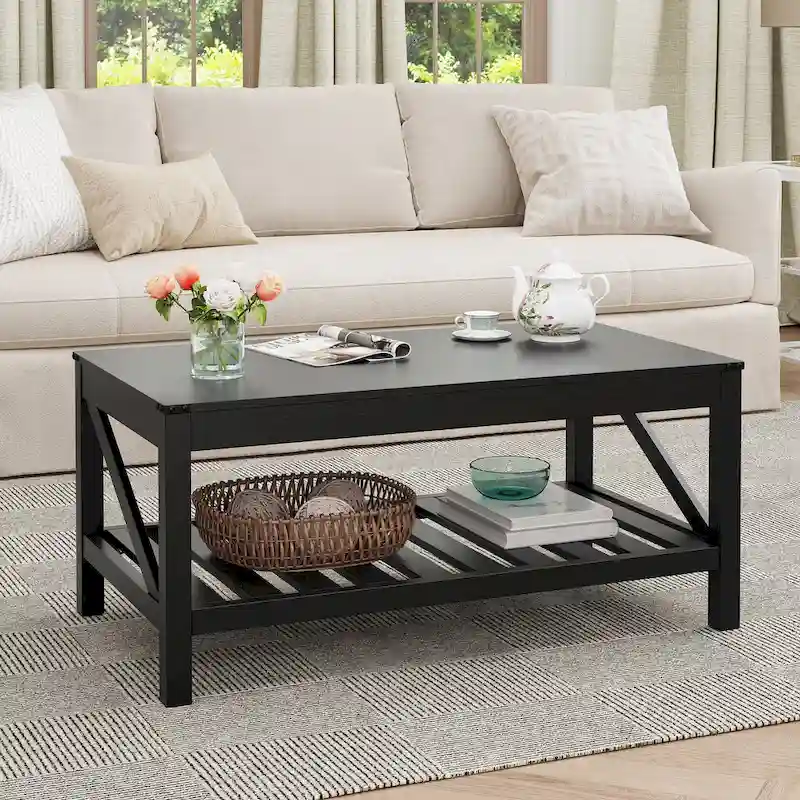 Farmhouse Coffee Table with Storage Shelf – Washed Gray / Black / Brown White, Seats 2–4