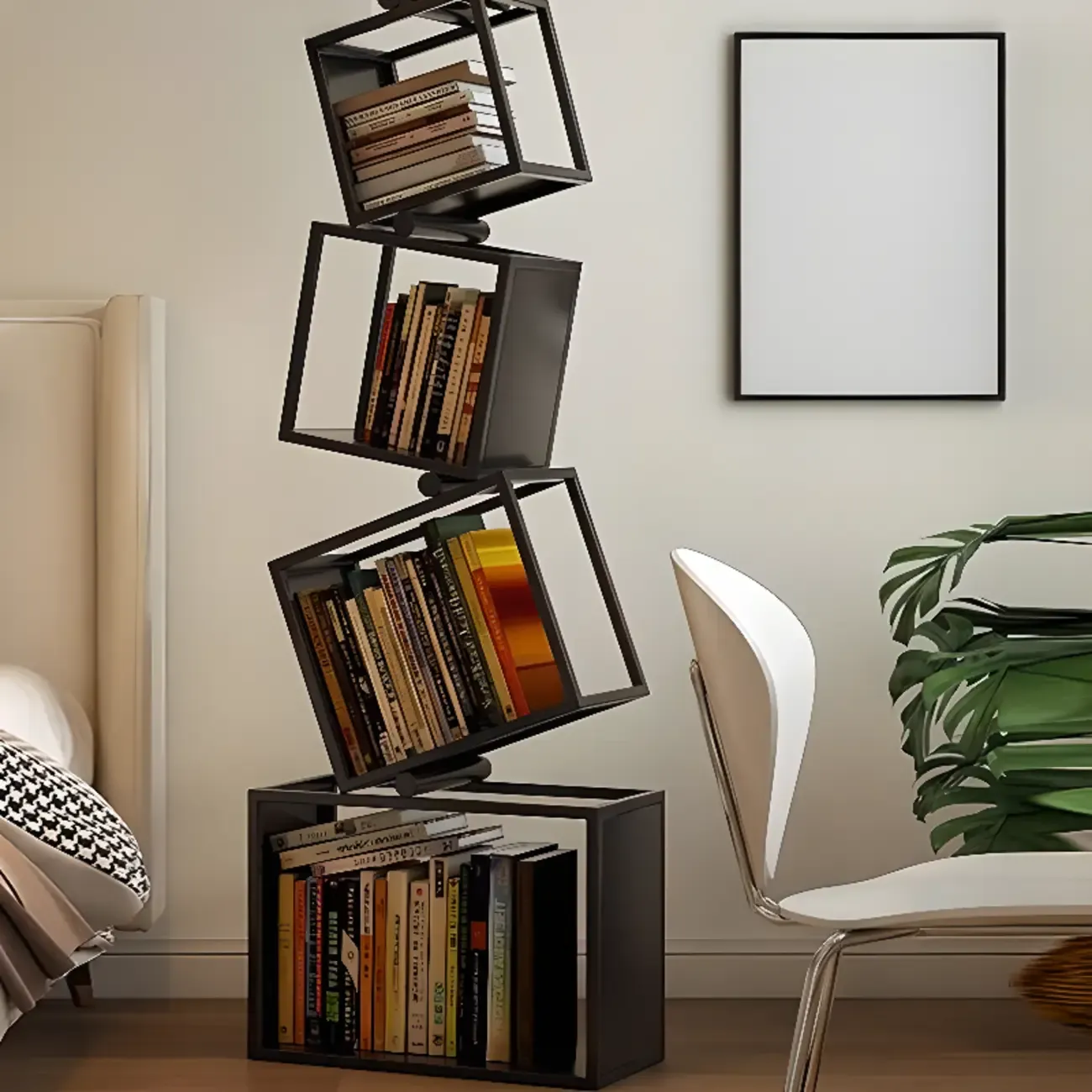 Art Deco Geometric Tall Black Metal Etagere Open Bookcase