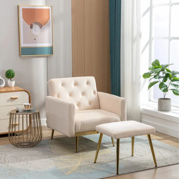 Velvet Tufted Convertible Armchair with Adjustable Backrest & Ottoman – Single