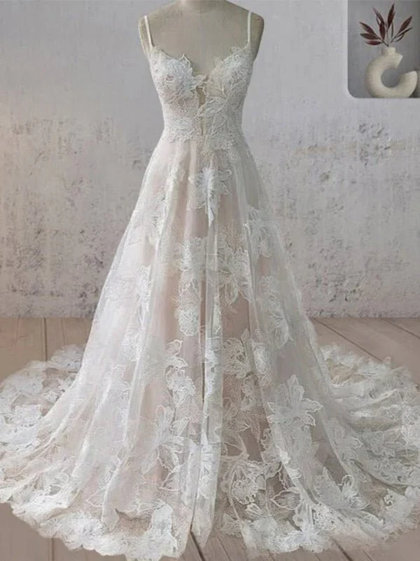 Boho White A-Line Lace Appliques Wedding Dress