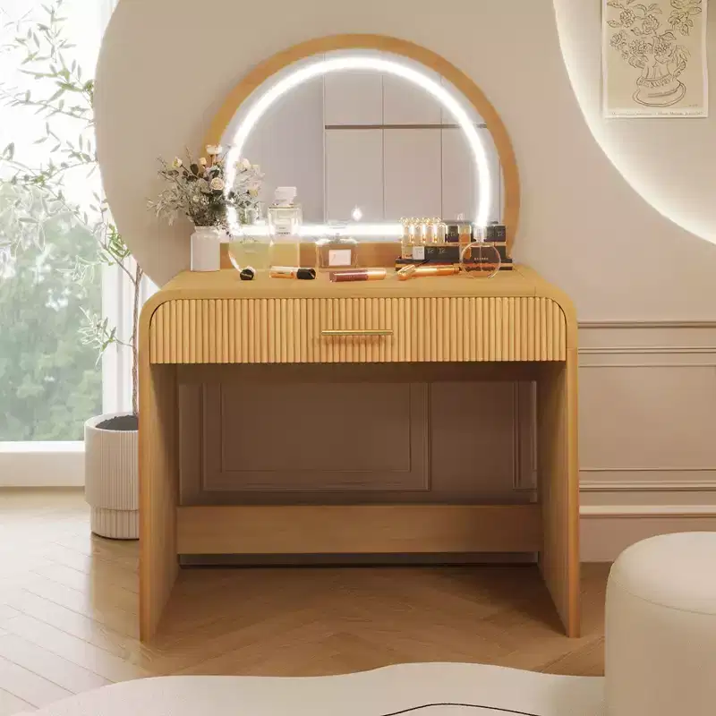 39-Inch Elegant Corner Makeup Vanity Desk with Lighted Mirror, Organized Storage for Bedroom, Natural Finish, Dimmable Lighting