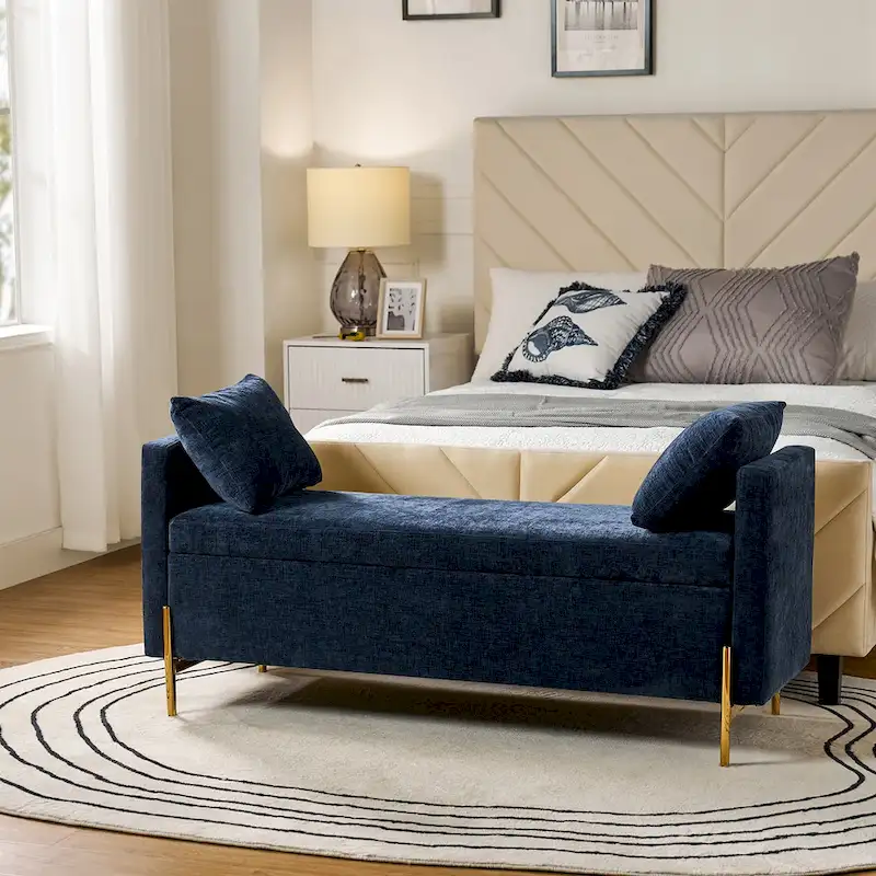 Grey / Mustard / Navy / Ivory / Black Velvet Flip-Top Storage Bench with Arms & Pillows, 1-Person