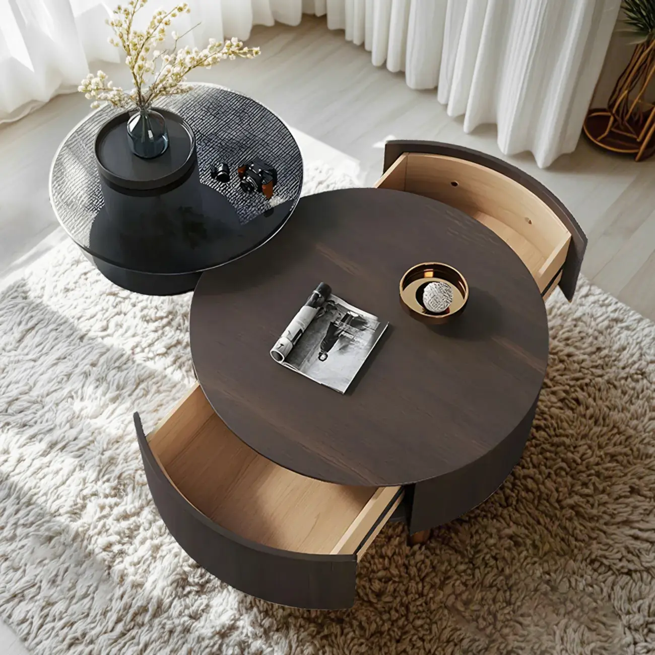 Dark Modern Nesting Round Wood Drawer Coffee Table