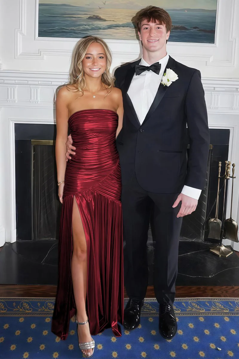 Champagne Mermaid Strapless Metallic Long Prom Dresses with Pleats