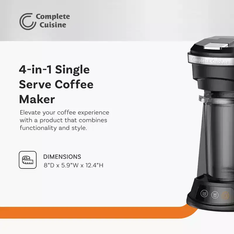 Complete Cuisine 4-in-1 Single Serve Coffee Maker, Compact Hot  Iced Brewer for Pods/Ground Coffee, Reusable Filter, Stainless Steel Drip Tray, Black