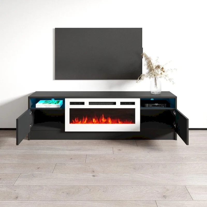 63 Inch TV Stand with Electric Fireplace Insert and LED Lighting