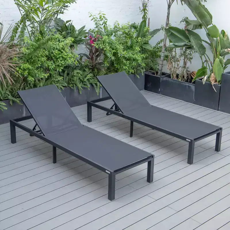 LeisureMod Marlin Patio Sling Chaise Lounge Chair Set of 2 in Black Aluminum, Adjustable and Weather-Resistant for Poolside, Garden, Deck, or Balcony