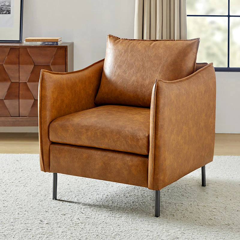 Faux Leather Square Arm Armchair with Removable Cushions, Foam & Coil Spring Seat & Smoke Grey Metal Legs | Camel / Brown / Beige / Black / Grey / Navy | Single Seat
