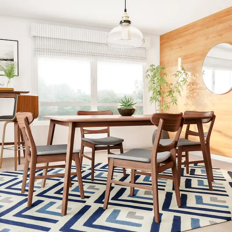 Mid-Century 5-Piece Dining Set, Walnut & Oak Finish, Upholstered Chairs