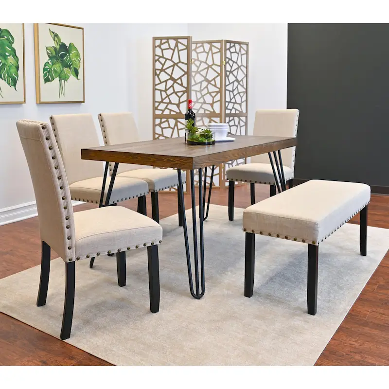 Roundhill Furniture Amisos 6-Piece Dining Set, Hairpin Dining Table with 4 Chairs and Upholstery Bench