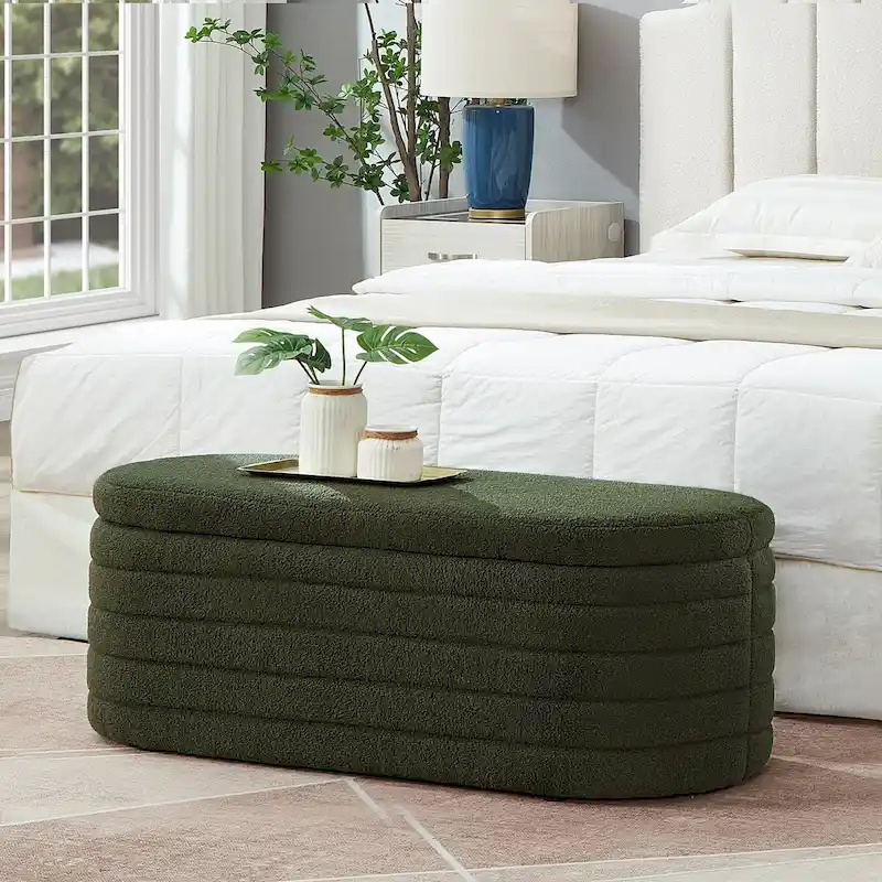 Modern Oval Storage Ottoman Bench,Boucle Teddy Fabric End of Bed Bench with Storage,End of Bed Stool with Safety Hinge