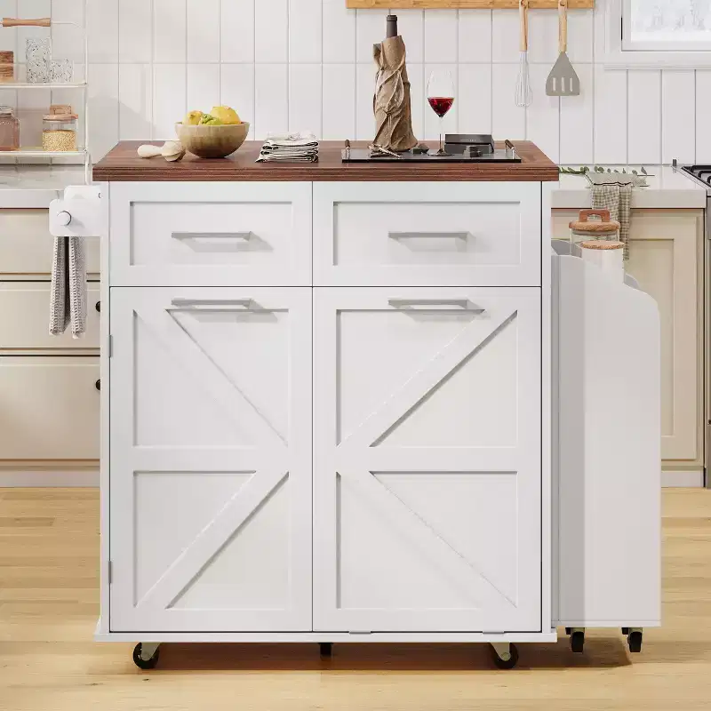 PexFix 47.2 Farmhouse Kitchen Island with Drop Leaf Kitchen Storage Island with Removable Side Racks Two Drawers for Home Kitchen Dining Room White