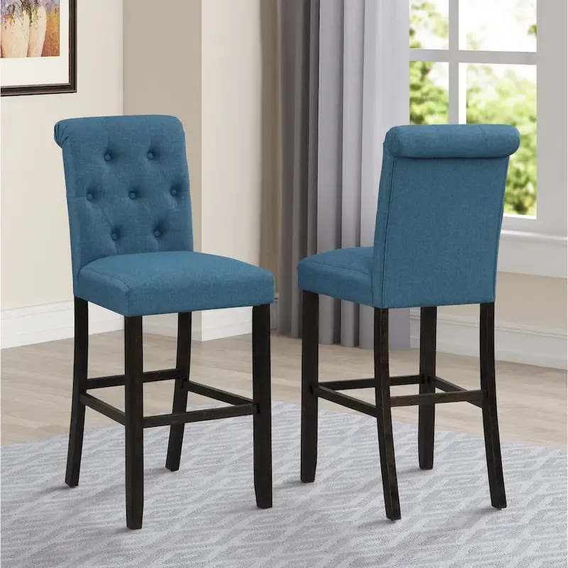 Tufted Upholstered Barstool with Wood Legs, Set of 2 (Tan / Blue / Grey)
