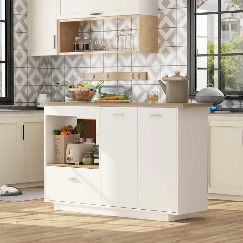 Oak and Brown Extendable Kitchen Island with Storage