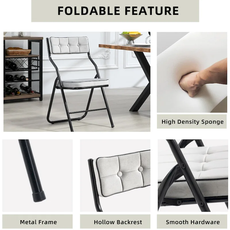 Velvet Upholstered Steel Tufted Folding Dining Chairs(set of 4)