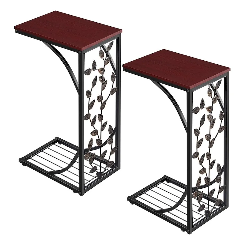 C-shaped Wood and Metal Leaf Pattern End Table, Set of 2