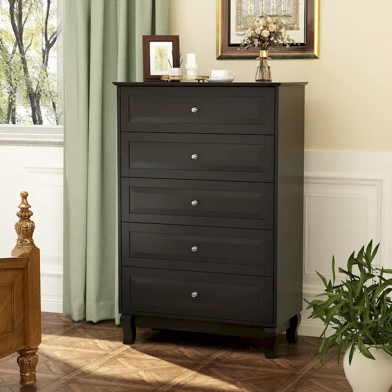 Black 5-Drawer Dresser with Wood Legs
