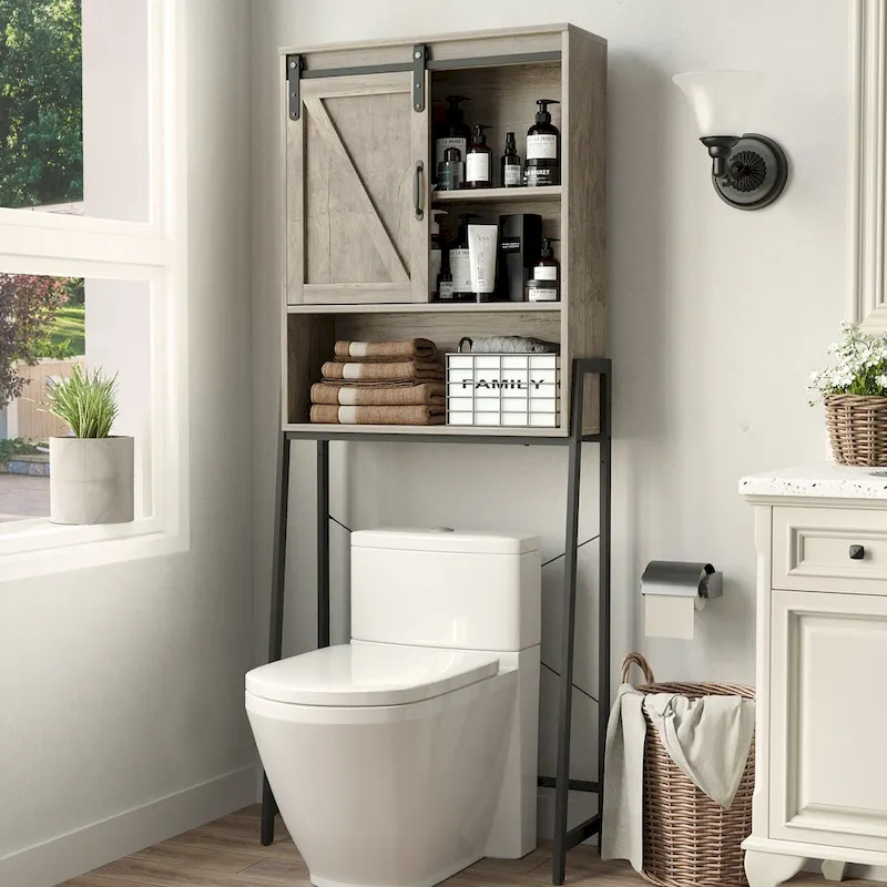Over The Toilet Storage Cabinet, Bathroom Organizer with Sliding Barn Door & Adjustable Shelves, Storage Rack - See Picture