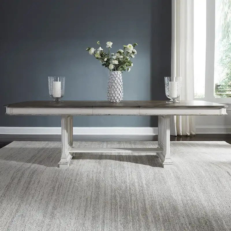 Weathered Brown & Antique White Trestle Dining Table — Farmhouse Style