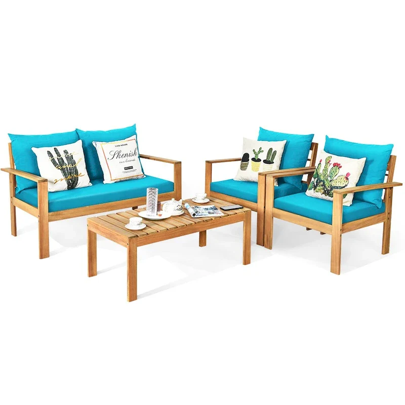 Gymax 4PCS Patio Acacia Wood Conversation Furniture Set w/ Turquoise - See Details