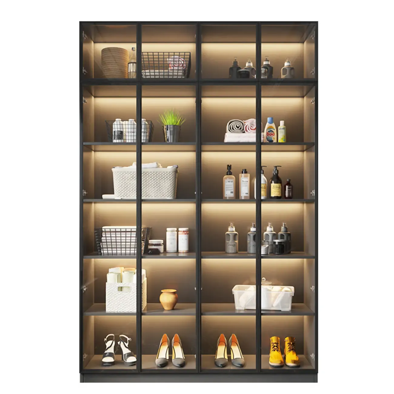 Freestanding Grey Wood Glass Display Cabinet with Light