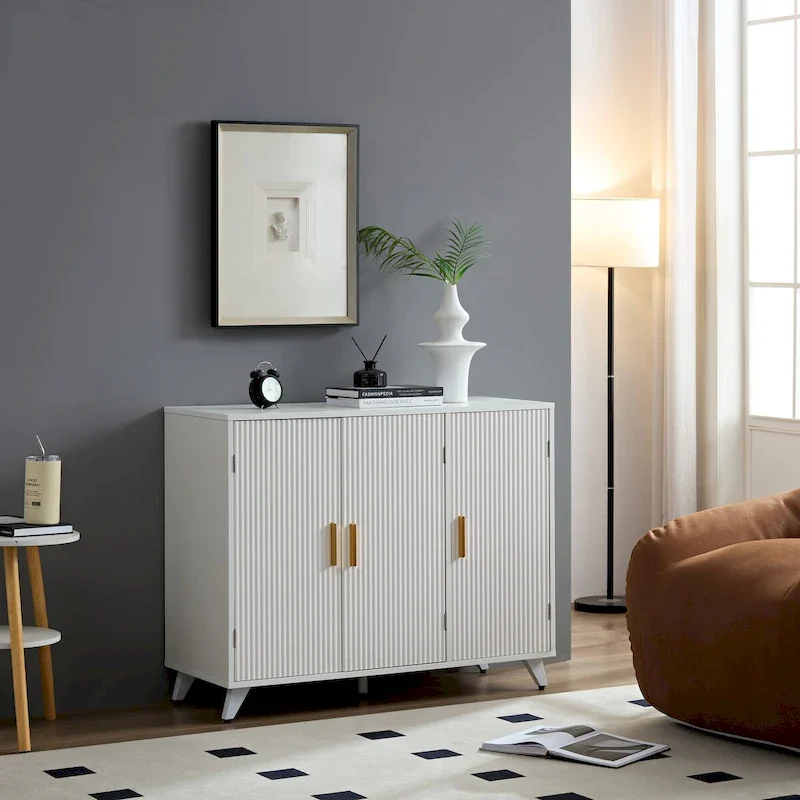 Sideboard with wavy texture buffet cabinet,white accent cabinet with door, modern bookcase for kitchen living room, entrance way