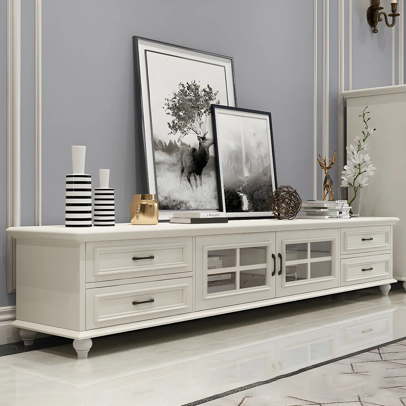 63 Adjustable White Wood TV Stand with Cable Management