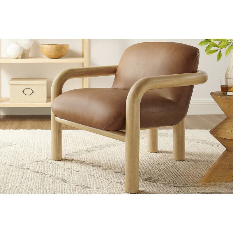 Modern Curve Wood Frame Faux Leather Accent Chair