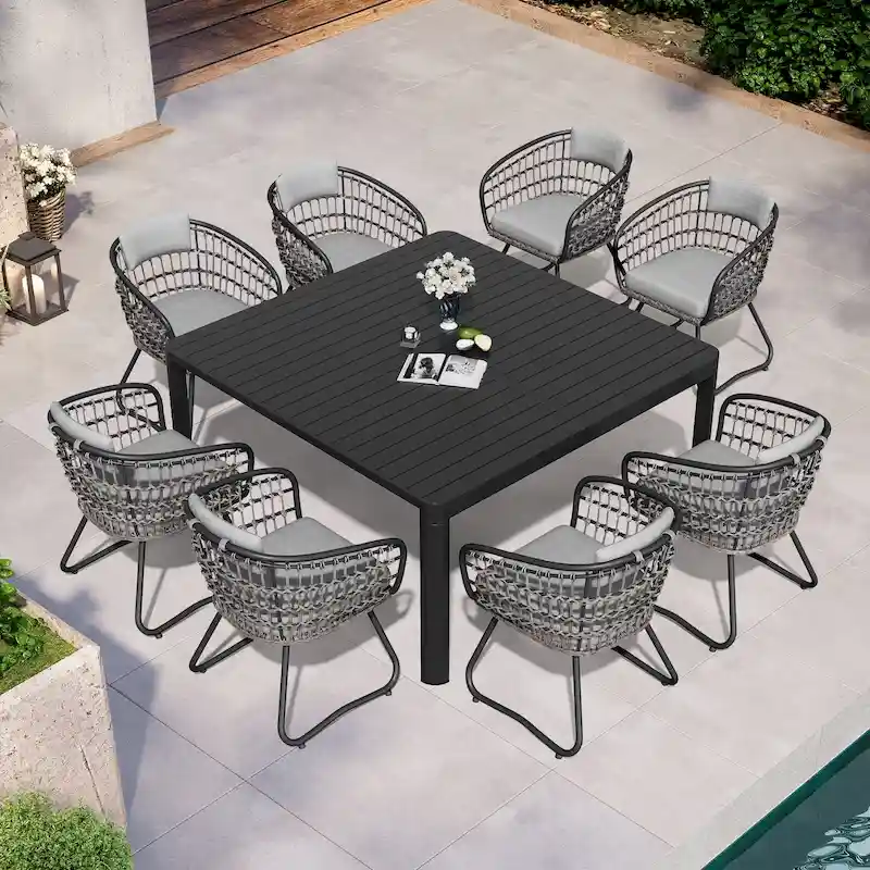 9PC Outdoor Dining Table Patio Aluminum Extension Table with Rattan Chair