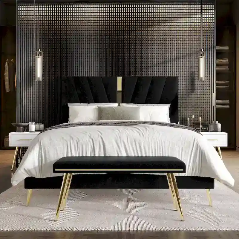 Navy Blue / Black / Silver Lake / Champagne Velvet Upholstered 4-Piece Bedroom Set, Twin to King, 1–2 Person
