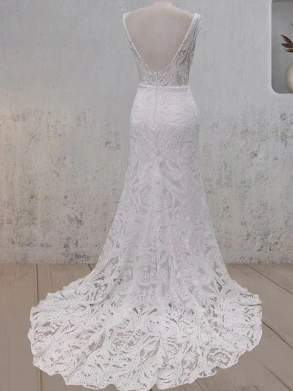 White Mermaid Cap Sleeve Lace Wedding Dress