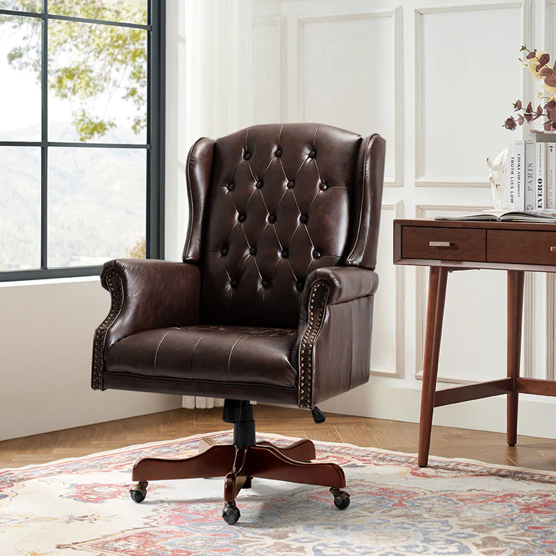 PU Leather Wingback Executive Office Chair with Button Tufting, Nailhead Trim, Pocket Spring Seat & Adjustable Height | Camel / Brown / Turquoise / Navy | Single Seat