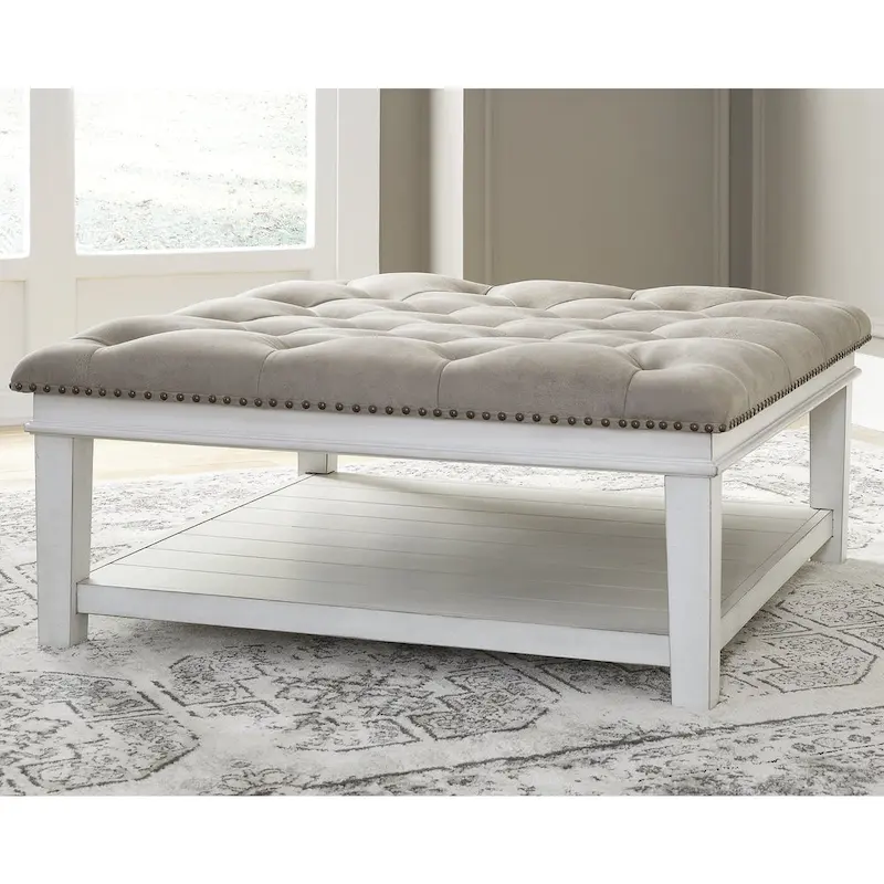 White Faux Leather Button-Tufted Square Ottoman Cocktail Table with Lower Shelf - Single Use