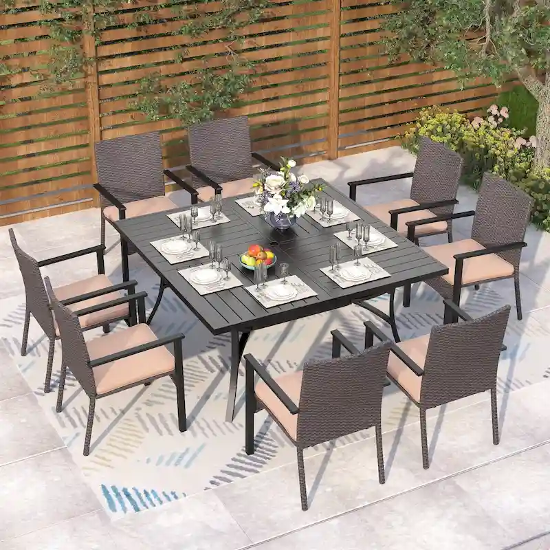 MAISON ARTS 9 Pieces Patio Dining Set, 60 Inch Square Metal Table and Rattan Dining Chairs