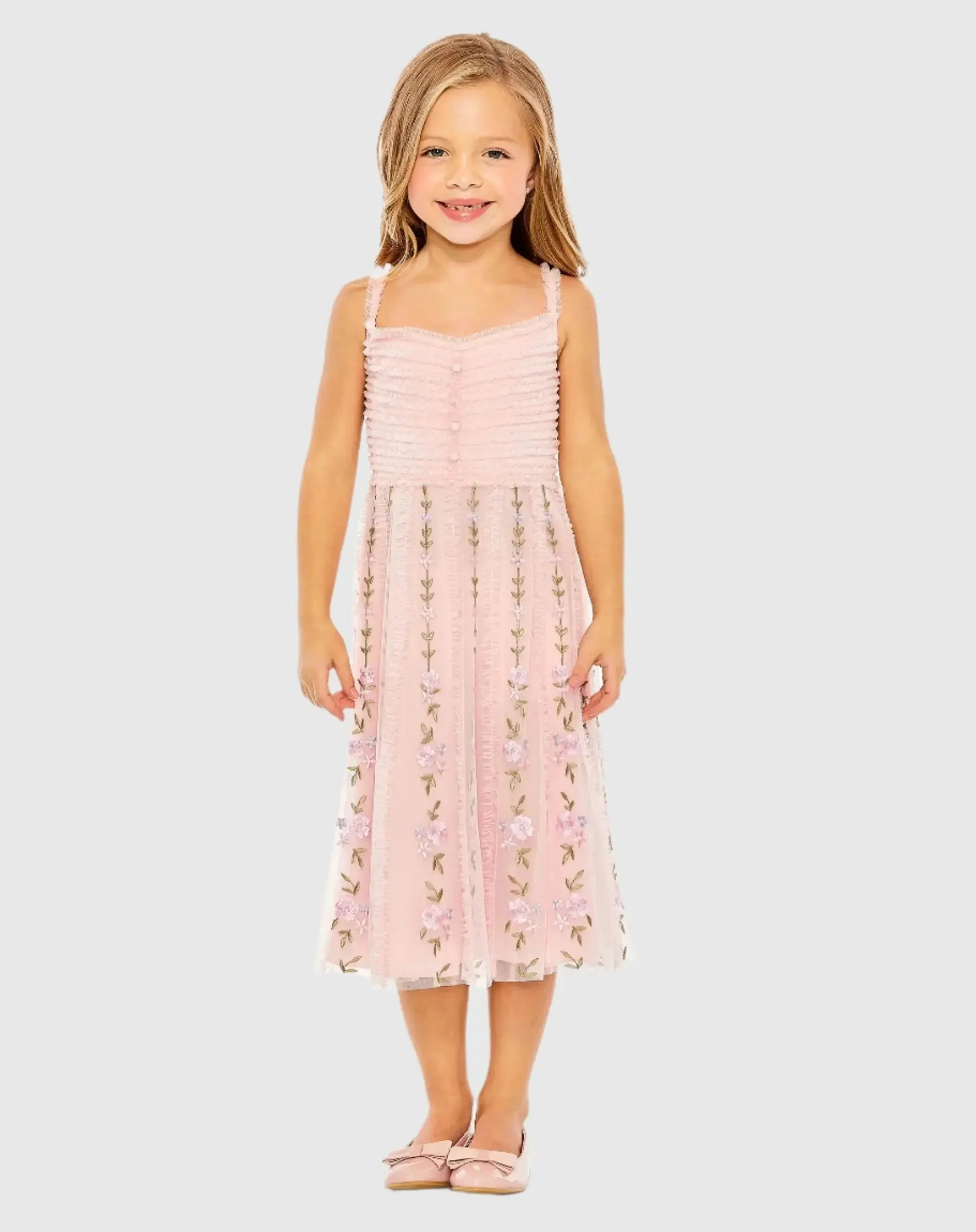 Pink Girls Ruffle Floral Embroidered Detail Mini Dress
