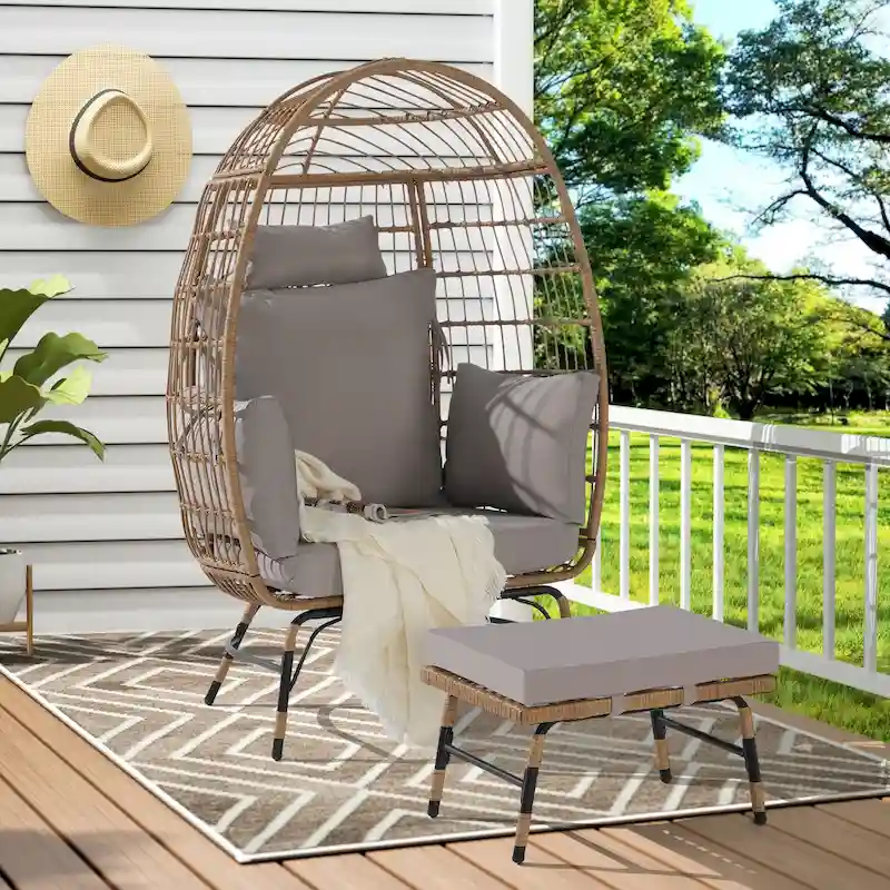 Oversized Wicker Egg Chair with Ottoman - 600lb Capacity Rattan Hanging Chair with Thick Cushions for Indoor/Outdoor Patio