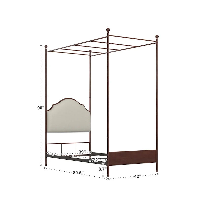 Cream Linen Transitional Canopy Poster Bed, Cherry Brown Frame (Twin/Full/Queen/King)