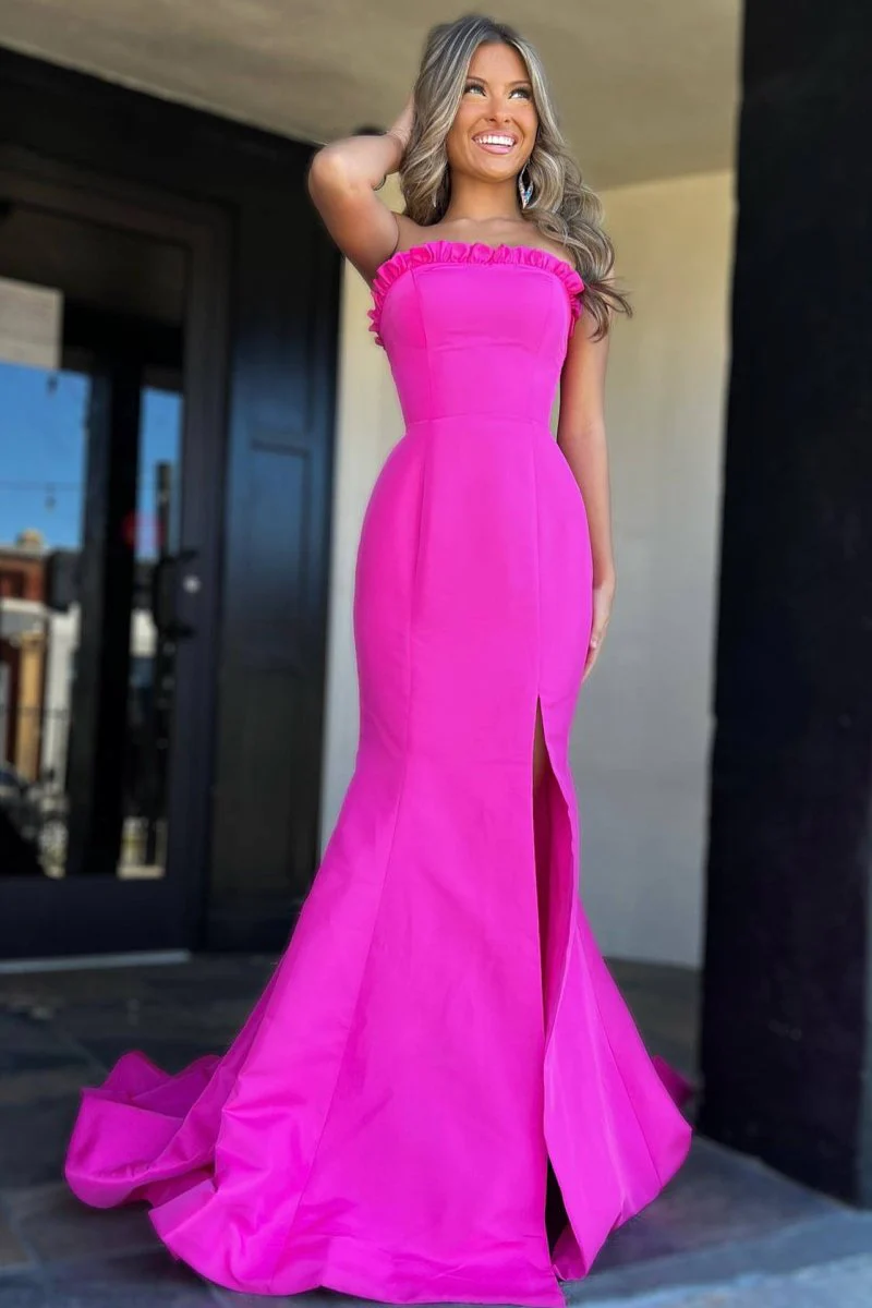 Strapless Maganta Ruffle Mermaid Slit Long Prom Dress