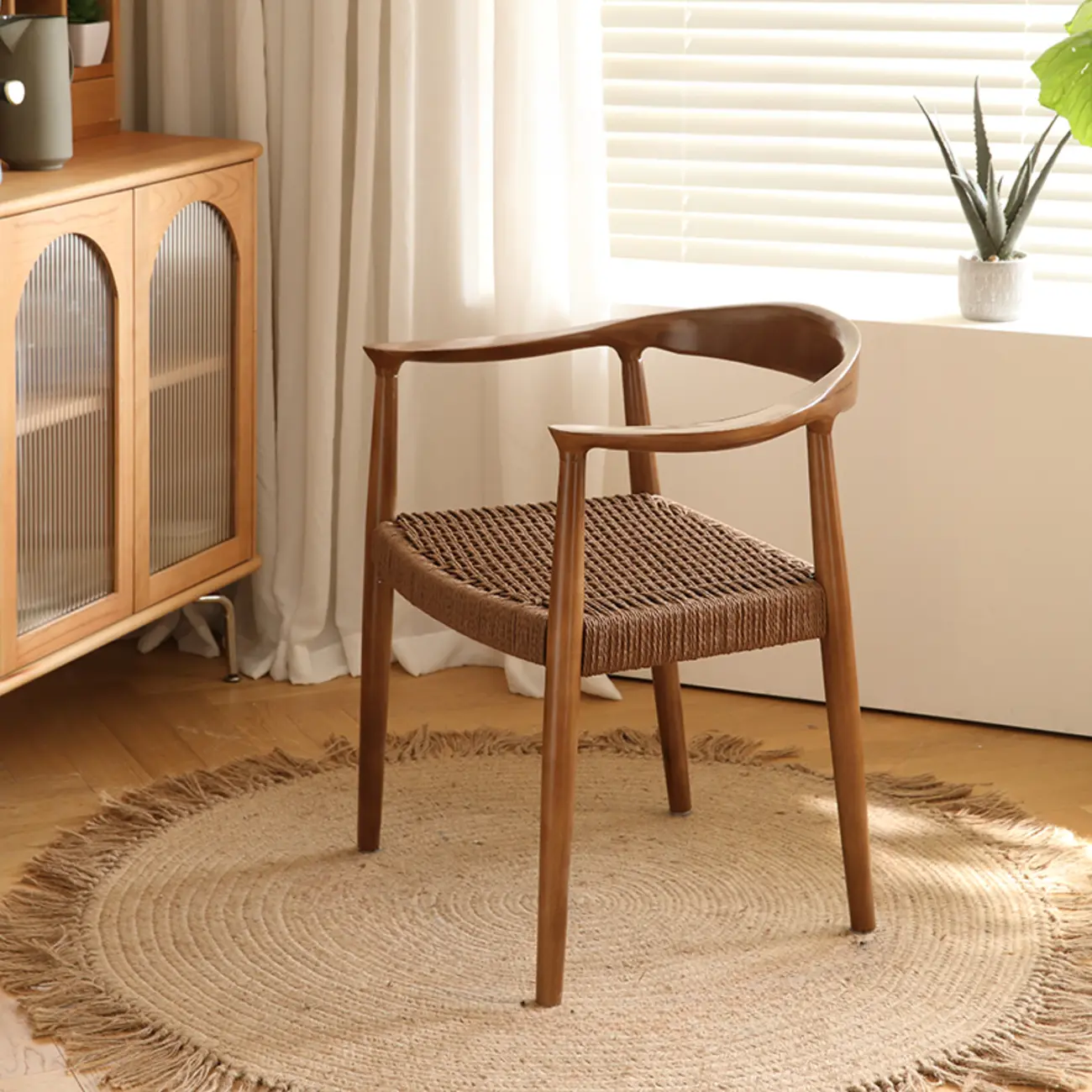 Scandinavian Curved Wood Woven Seat Armrest Dining Chair