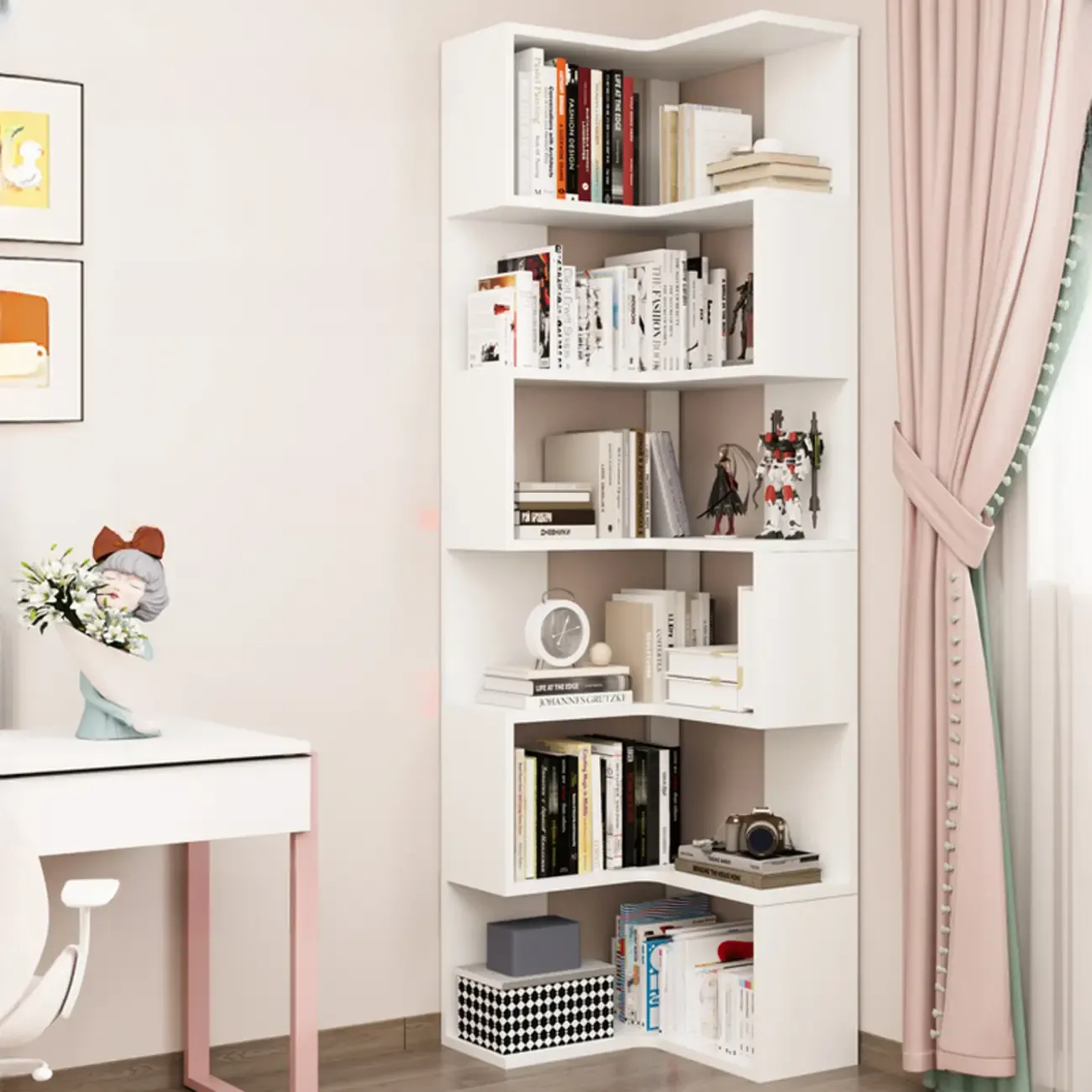 Modern White L-shaped Open Back Wooden Corner Bookcase