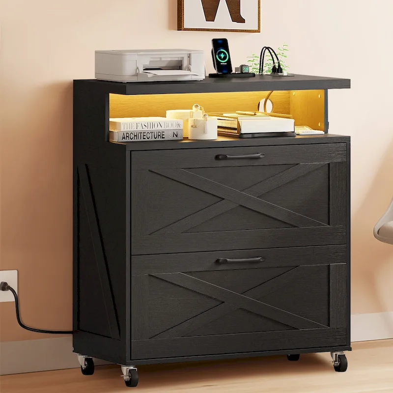 Mobile Wood File Cabinet with Charging Station & RGB LED Light, Rustic Style