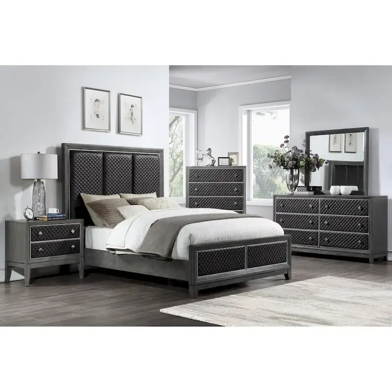 Gray Modern 6pc Bedroom Set Bed Nightstands Dresser Mirror Chest