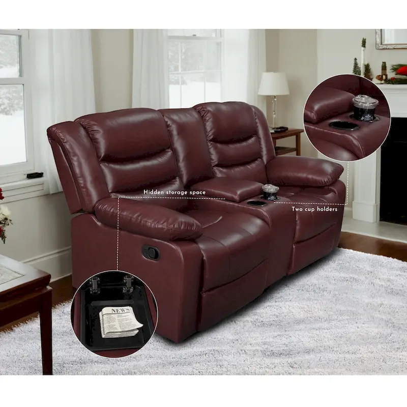 Faux Leather Manual Reclining Living Room Sofa with Dropdown Table and Console