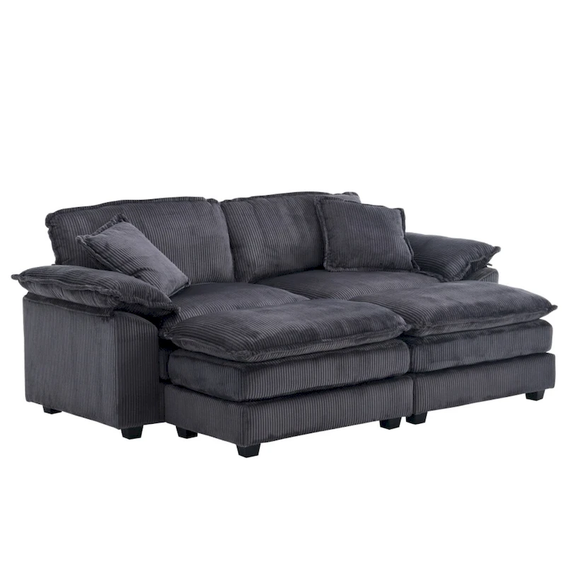 Modern 2-Seater Corduroy Sofa with 4 Support Pillows and 2 Ottomans