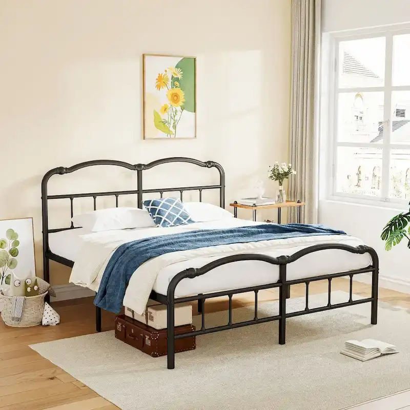 Heavy Duty Anti-Sway 18 Inch High Steel Tube Iron Bed, Double Wave Headboard And Footboard