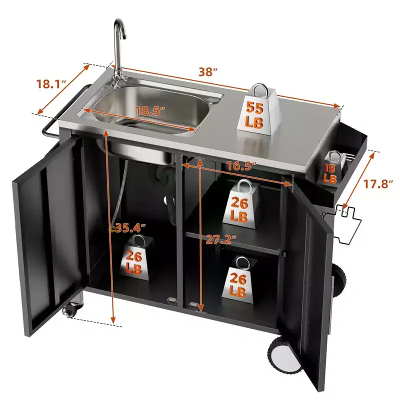Outdoor Grill Table with Sink, Grill Cart with 304 Stainless Steel Sink and Cabinet, Outdoor Grill Cart,Outdoor Cart Sink