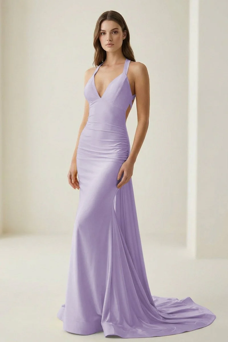Pink V Neck Satin Mermaid Open Back Long Formal Prom Dresses