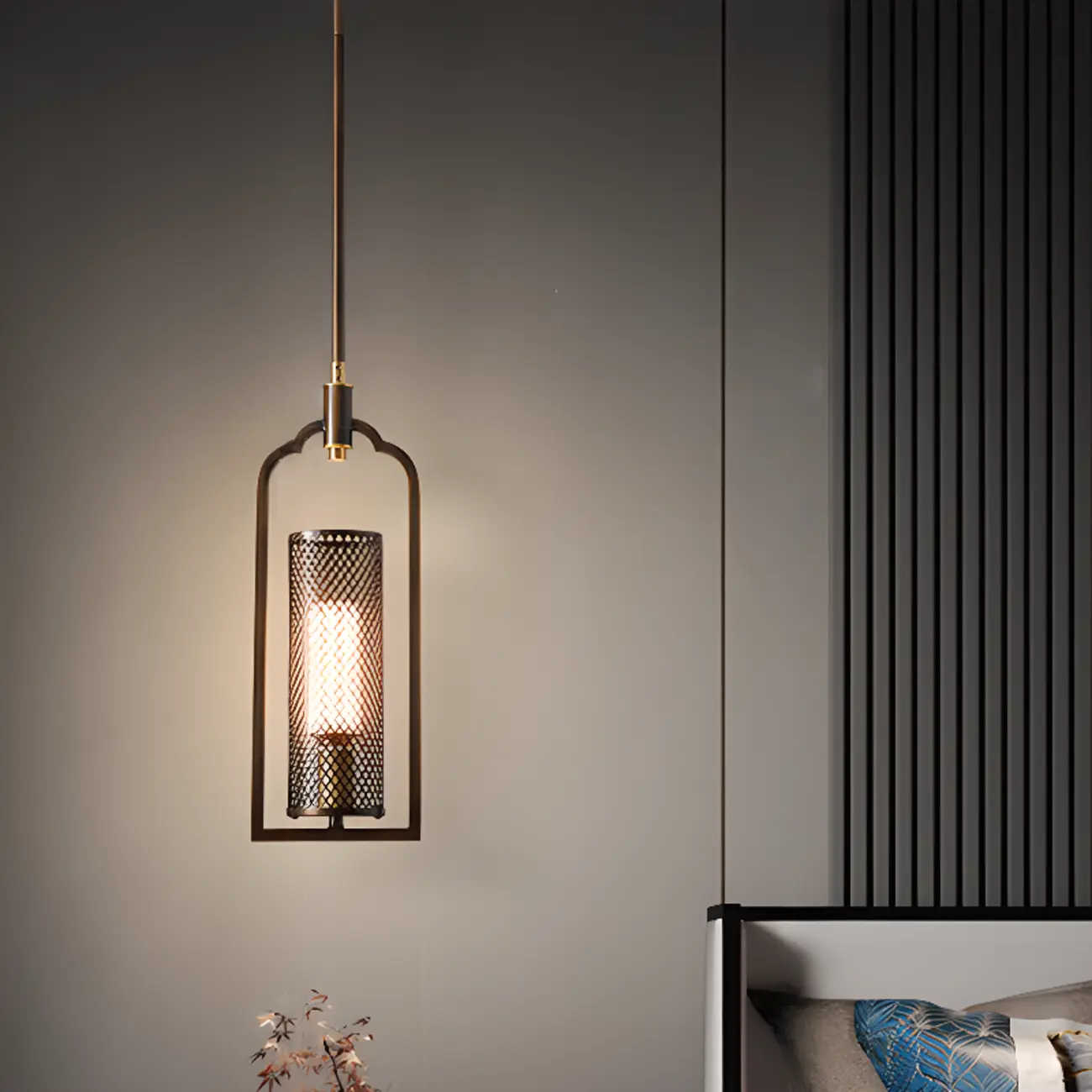 Antique Brass Cylinder Pendant Light with Copper Mesh Shade