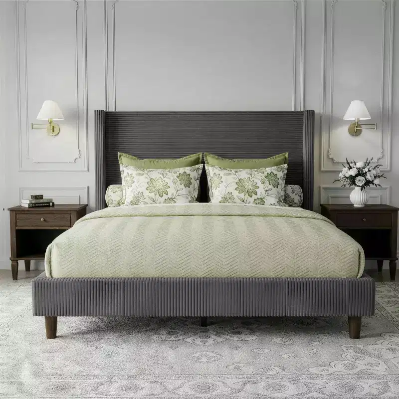 Dyonery Queen Bed Frame, Upholstered Platform Bed, Adjustable Vertical Channel Tufted Headboard, Corduroy Fabric